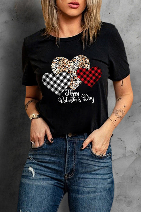 Black Happy Valentine'S Day Hearts Print Short Sleeve T Shirt